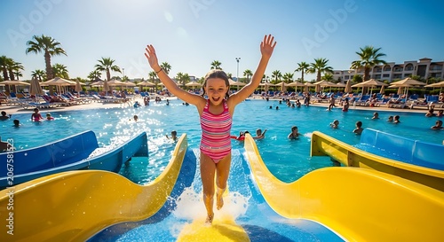 Woman in pink swimsuit celebrating at resort pool.