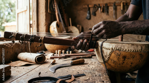 Artisan crafting a traditional stringed instrument in a workshop.