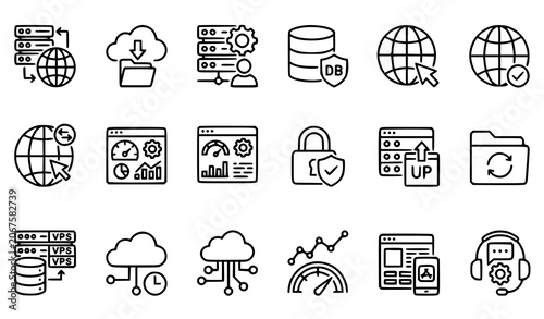 Bild auf Leinwand Web Hosting and Cloud Technology Outline Icons Pack with Server Database and Dig