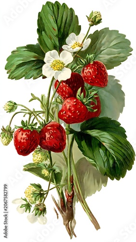 The watercolor illustration of strawberries is so there are ripe red fruit, green leaves, small white flowers, very detailed so it is very elegant for labels or packaging. 