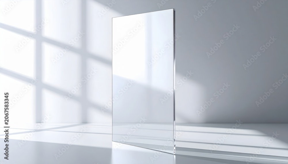 Fototapeta premium vertical acrylic glass sheet mockup, transparent panel with subtle glare and reflections, minimal tech overlay design