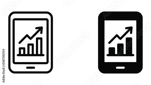 Mobile business analytics tablet icon set featuring growth chart on screen for financial monitoring and portable data tracking in clean professional vector graphic illustration