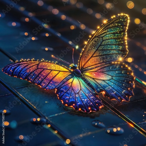 Iridescent butterfly with sparkling wings on a wet surface.