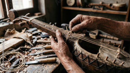 Artisan hands crafting a traditional stringed instrument with care.