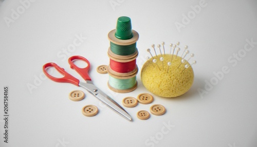Bild auf Leinwand A top-down view of sewing supplies including a stack of thread spools topped with a thimble, scissors, a yellow pincushion with needles, and scattered wooden buttons on a white background