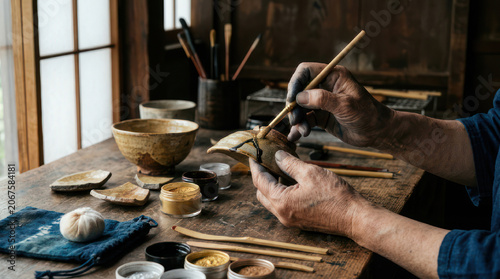 Artisan hands crafting delicate wooden chopsticks with traditional tools.