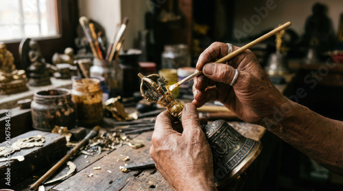 Artisan hands meticulously crafting a small metal sculpture with tools.