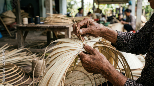 Artisan hands weaving a traditional bamboo basket outdoors.