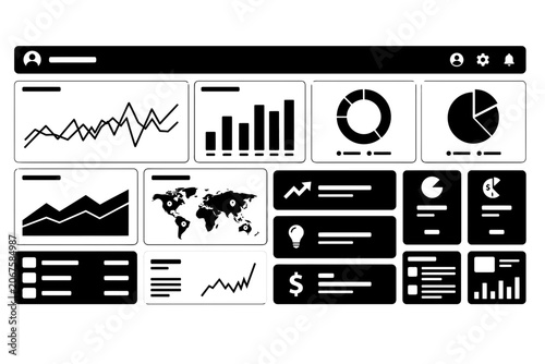 Business data analysis dashboard with financial charts and graphs