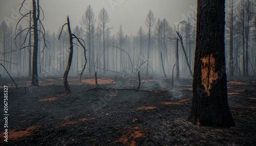 Cuadro en lienzo A haunting view of a forest after a wildfire, with charred tree trunks, ash-covered ground, and a thick haze of smoke lingering in the air