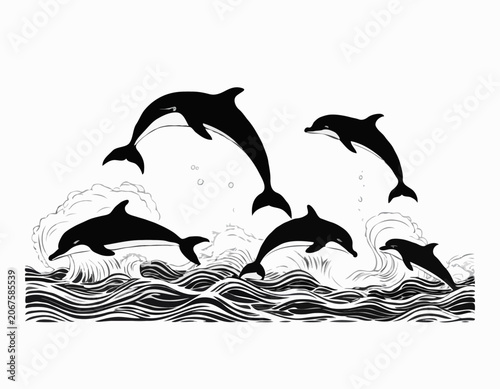 black silhouette Playful dolphins jumping out of the ocean waves isolated white background