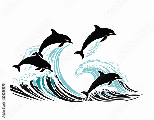 black silhouette Playful dolphins jumping out of the ocean waves isolated white background