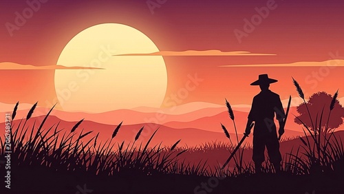 Silhouette of a lone wandering samurai standing in a grassy field during a vibrant golden sunset in the peaceful countryside