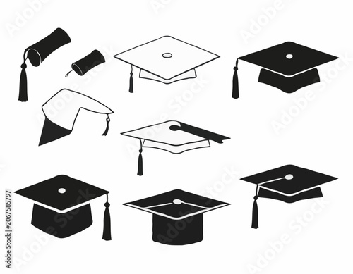 set of Grad cap silhouette icon. Clipart image isolated on white background