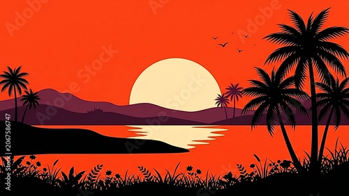 Stunning Tropical Sunset Landscape Featuring Silhouetted Palm Trees and Distant Mountains Against a Vibrant Fiery Orange Sky Background
