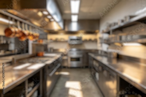 Defocused restaurant kitchen background featuring modern culinary workspace and food preparation area.