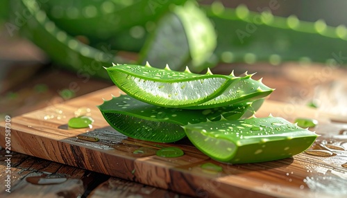Fresh sliced aloe vera plant leaves with water droplets arranged on a rustic wooden board for natural skincare and spa treatment concept.