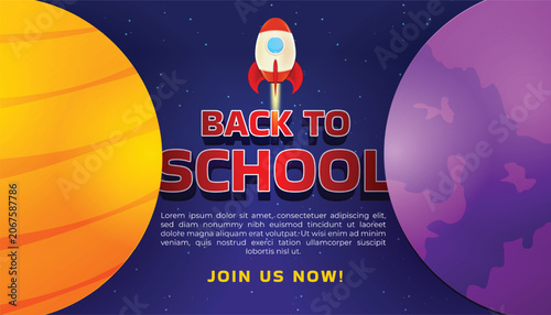 Back to School Space Themed Banner with Rocket and Planets