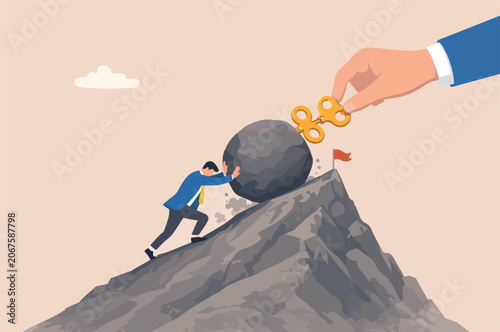 Fotografie Exhausted employee recharged, power up or wind up to stimulate or motivate fatig