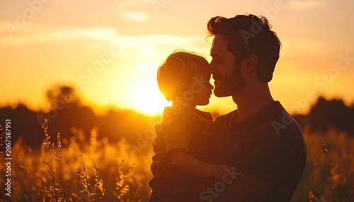 Silhouette of a father holding his child, lit by a warm sunset in a field of tall grass