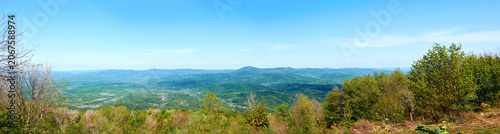 Wide panoramic view of green hills and mountain ridges under a clear bright blue sky. Tree branches with spring foliage in the foreground. Open space, freshness, and natural grandeur.