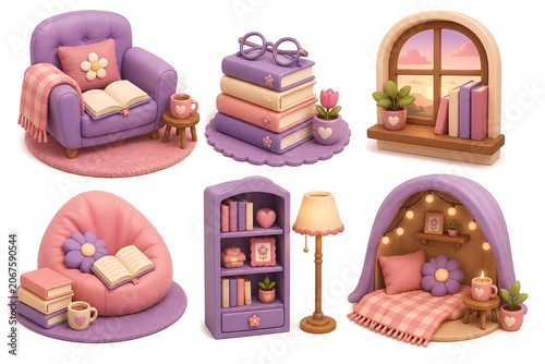 Cute 3D Cozy Reading Corner with Books, Armchair and Home Library Decor