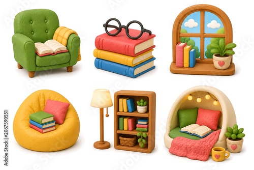 Cute 3D Cozy Reading Nook with Books, Armchair and Home Library Interior