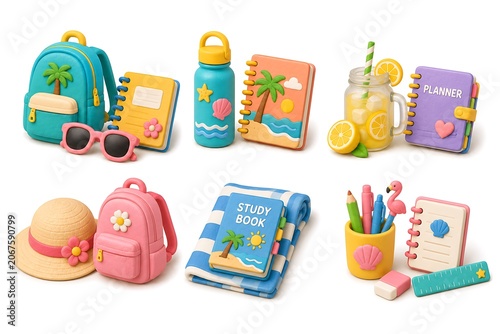 Cute 3D Summer Study Essentials with Beach Planner, Backpack and Vacation School Supplies