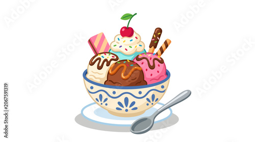 Colorful Ice Cream Sundae with Toppings and Cherry.