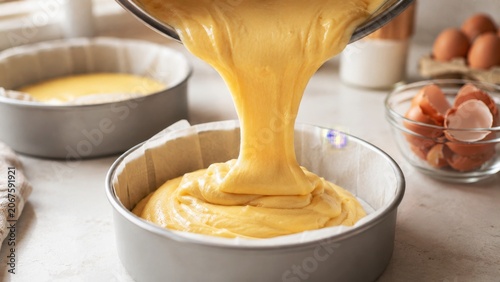 A baking process showing batter being poured into round cake pans, with eggs and additional ingredients nearby.