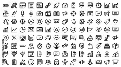 Digital marketing social media and business analytics mega thin line icon set including charts data funnels ads and financial tracking vector