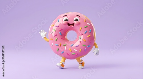 smiling cheerfully and waving, wearing orange shoes on a purple background.