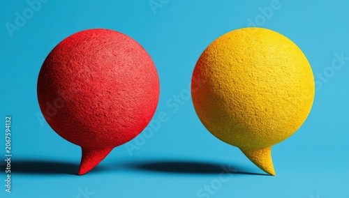 Two textured, spherical speech bubbles, one red, one yellow, against blue