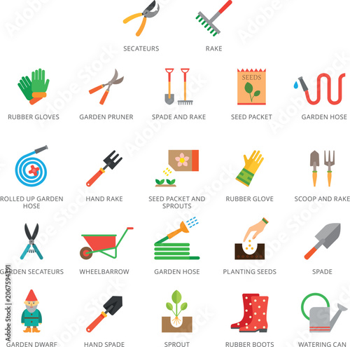 Springtime landscaping design elements bundle with tree flowers butterfly seed packs trowel apple graphics vector