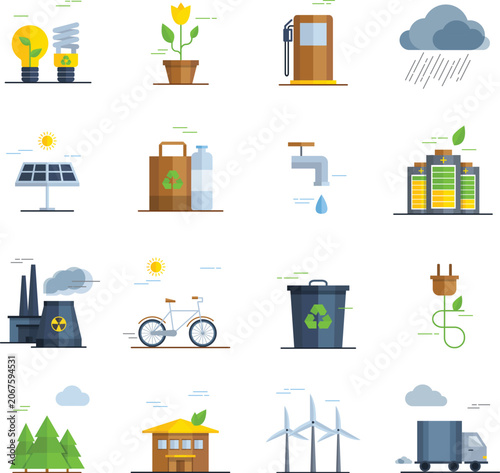 Ecology and renewable energy flat icon set with solar panel wind turbines battery and factory vector