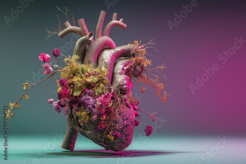 A realistic illustration of a human heart, featuring a blend of metallic and organic textures. the right half of the heart is covered in intricate pink and purple dried flora, including small flowers.