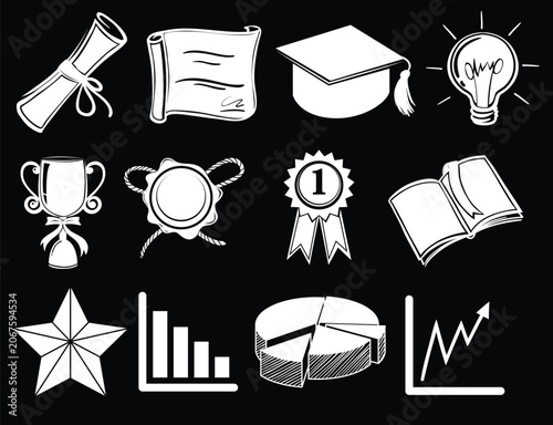 Education and business chalk style icon set with certificate mortarboard trophy idea bulb and charts vector
