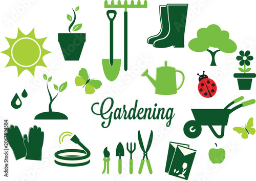 Gardening tools and spring horticulture icon set with shovel rake wheelbarrow watering can boots vector