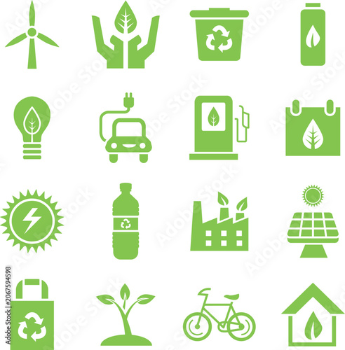 Eco friendly lifestyle conservation icons set featuring eco truck nuclear factory rain and flower vector