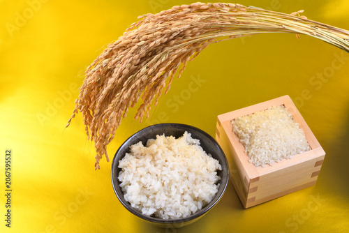 金色背景の枡に盛った米と茶碗のご飯と稲穂
