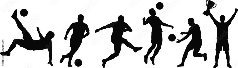 Obraz premium Soccer Player Silhouettes Showing Dynamic Kicks, Dribbling, Heading and Trophy Celebration