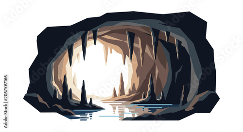 Cave entrance with icicles and water.