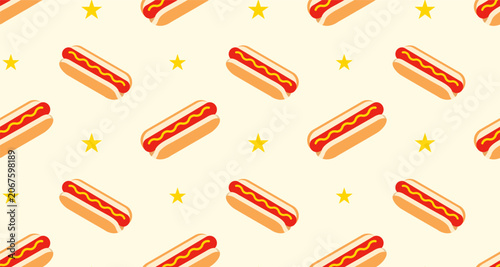 Seamless Hot Dog Pattern for Food and Snack Design.
