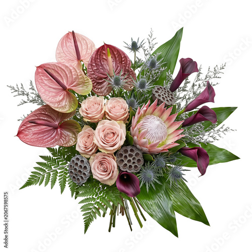 An exotic bouquet of flowers and tropical greenery