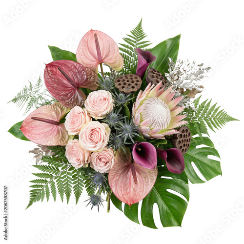 Exotic bouquet with pink protea, anthuriums and roses