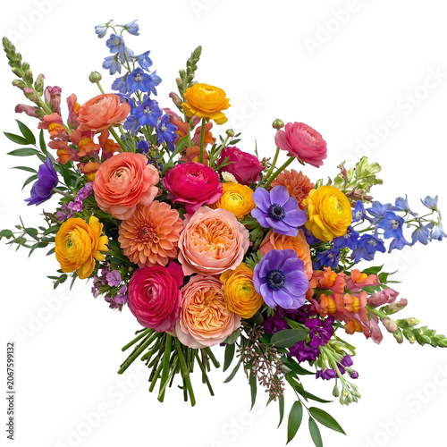 a bouquet of roses, ranunculus, dahlias, anemones, delphiniums and snapdragons