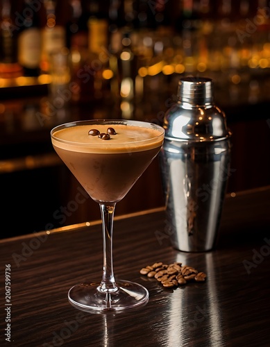 Elegant Espresso Martini with Coffee Beans and Shaker on Bar.