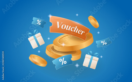 Shopping Voucher Promotion Template with Stacking Gold Coins and Floating Gift Boxes