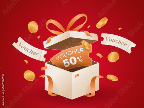 Open Gift Box with Fifty Percent Off Discount Voucher Coupon and Floating Gold Coins Promo Banner