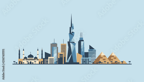 Beautiful Cairo skyline silhouette featuring the ancient Pyramids of Giza, a grand mosque, and modern architectural skyscrapers.